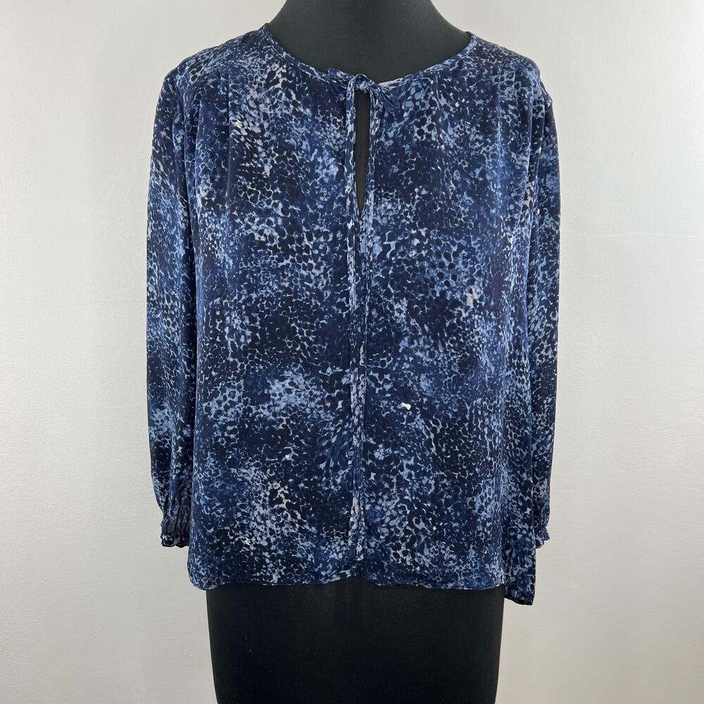 PARKER Blue Printed Keyhole Neck Tie Long Sleeve Pleated Blouse Top 100% Silk M